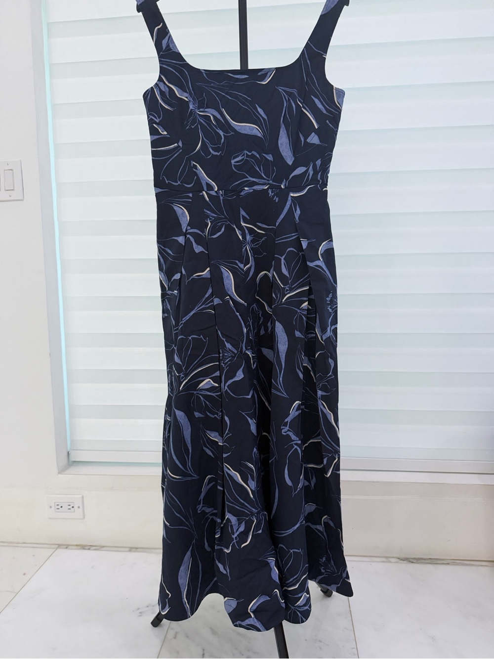 Donna Karan Navy Floral Maxi Dress with Light Blue Print and Brown Belt - Picture 5 of 8